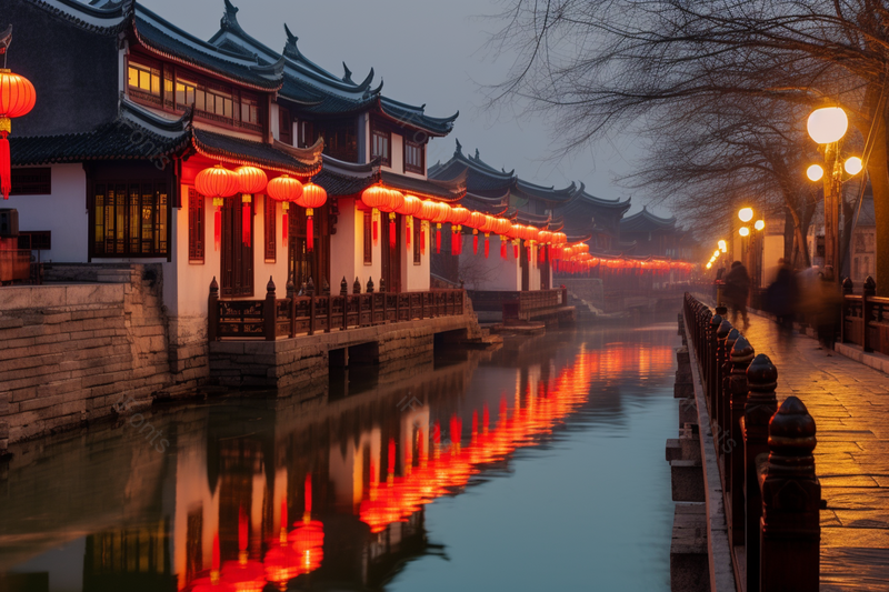 河边上的传统房屋建筑挂满了整齐的灯笼,高清,摄影图,摄影图片,图片大全,摄影图免费下载